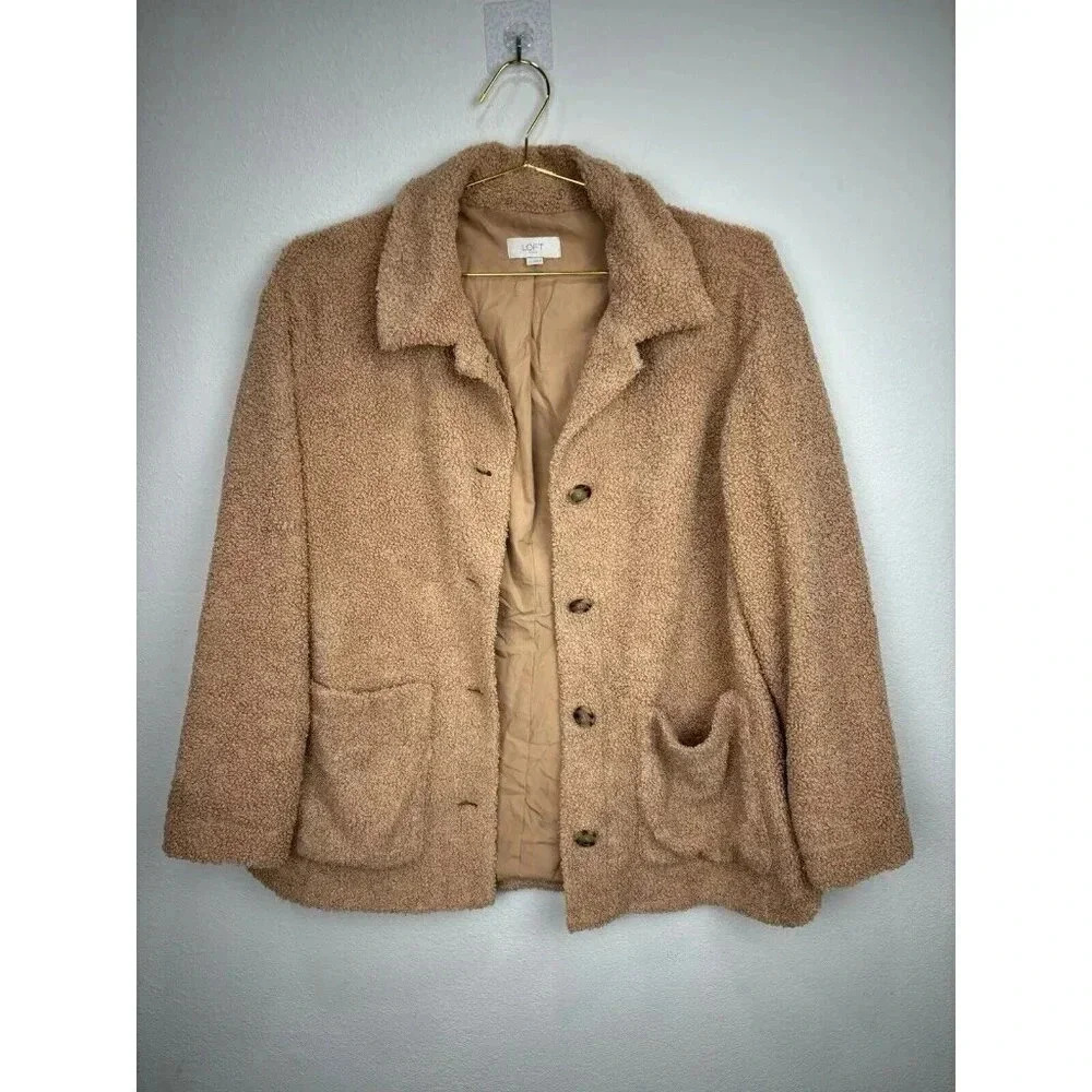 LOFT Women's Tan Teddy Bear Sherpa Fleece Front Button Jacket Size Large